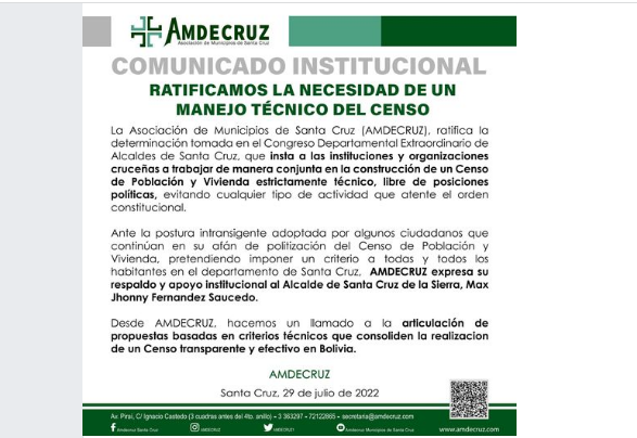 Amdecruz da su respaldo a Jhonny Fernández y deja solo al gobernador cruceño
