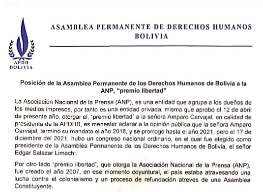 APDHB pide no vincular a esa institución con el “Premio Libertad” que la ANP entregó a Amparo Carvajal