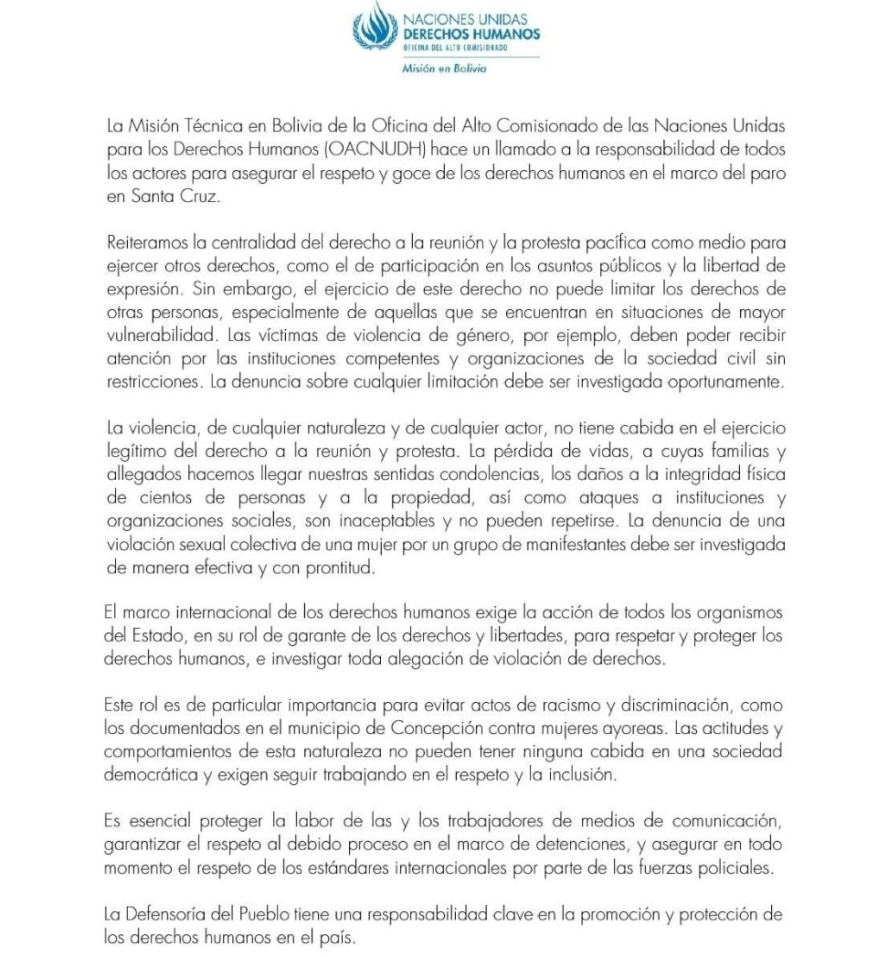 Alto Comisionado de las Naciones Unidas llama a investigar los hechos violentos y de racismo en Santa Cruz