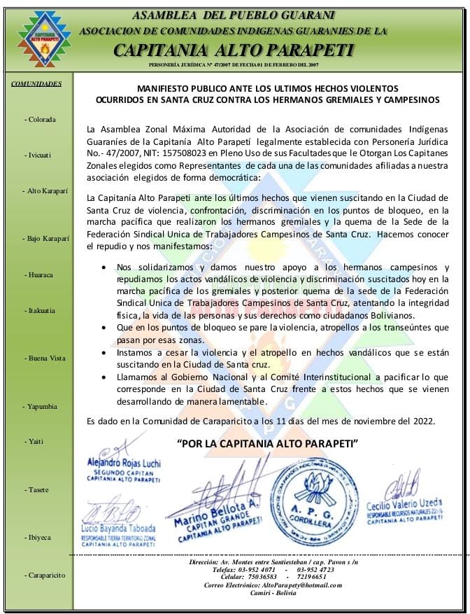 COD Cochabamba y Asamblea del Pueblo Guaraní rechazan actos violentos del viernes y piden pacificar Santa Cruz