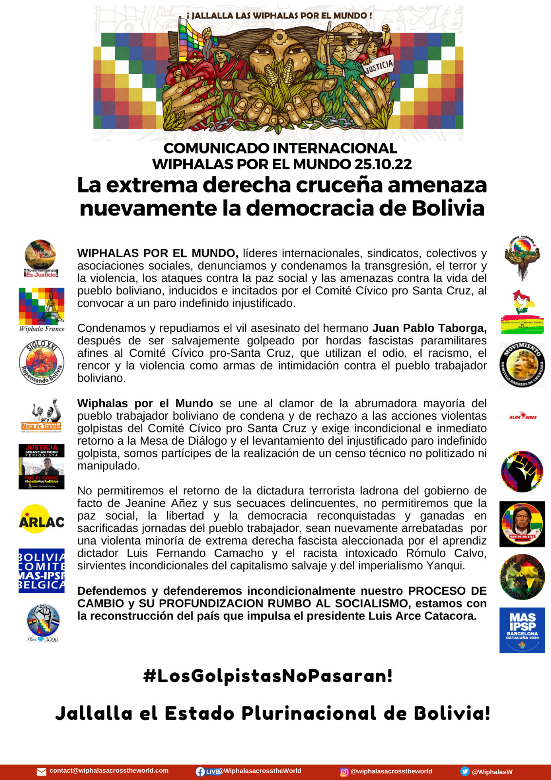 Colectivo Wiphalas por el Mundo exige a comité cruceño “inmediato retorno a la mesa de diálogo”