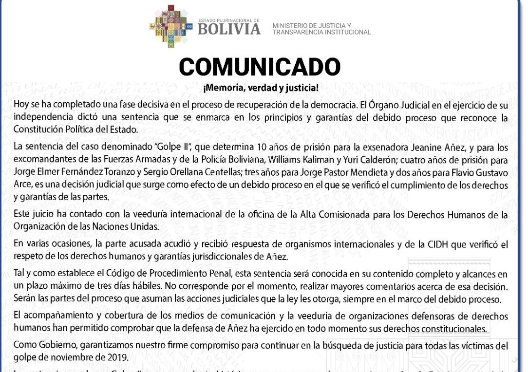 Justicia: Sentencia por el caso Golpe II es un precedente histórico para que no se vuelva a repetir una ruptura del orden constitucional