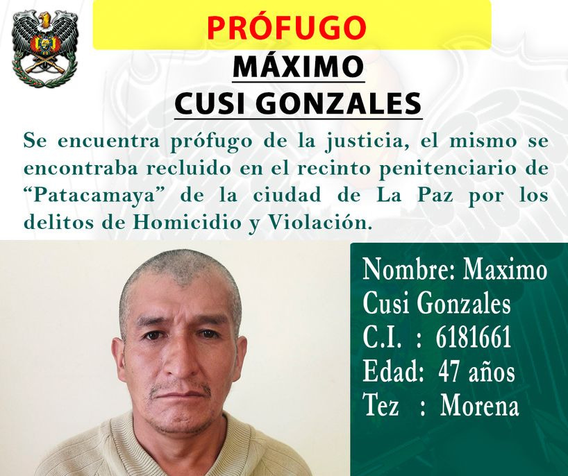 La Policía activa la búsqueda de reo acusado de homicidio y violación que fugó de la cárcel de Patacamaya 