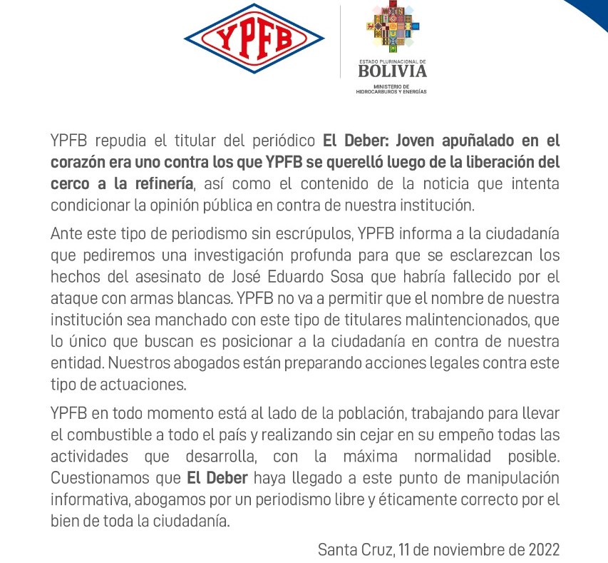 YPFB reprocha manipulación informativa para desprestigiar a la institución; anuncia acciones legales