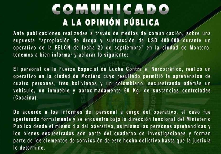 FELCN desmiente apropiación de droga y sustracción de dinero en operativo de Montero