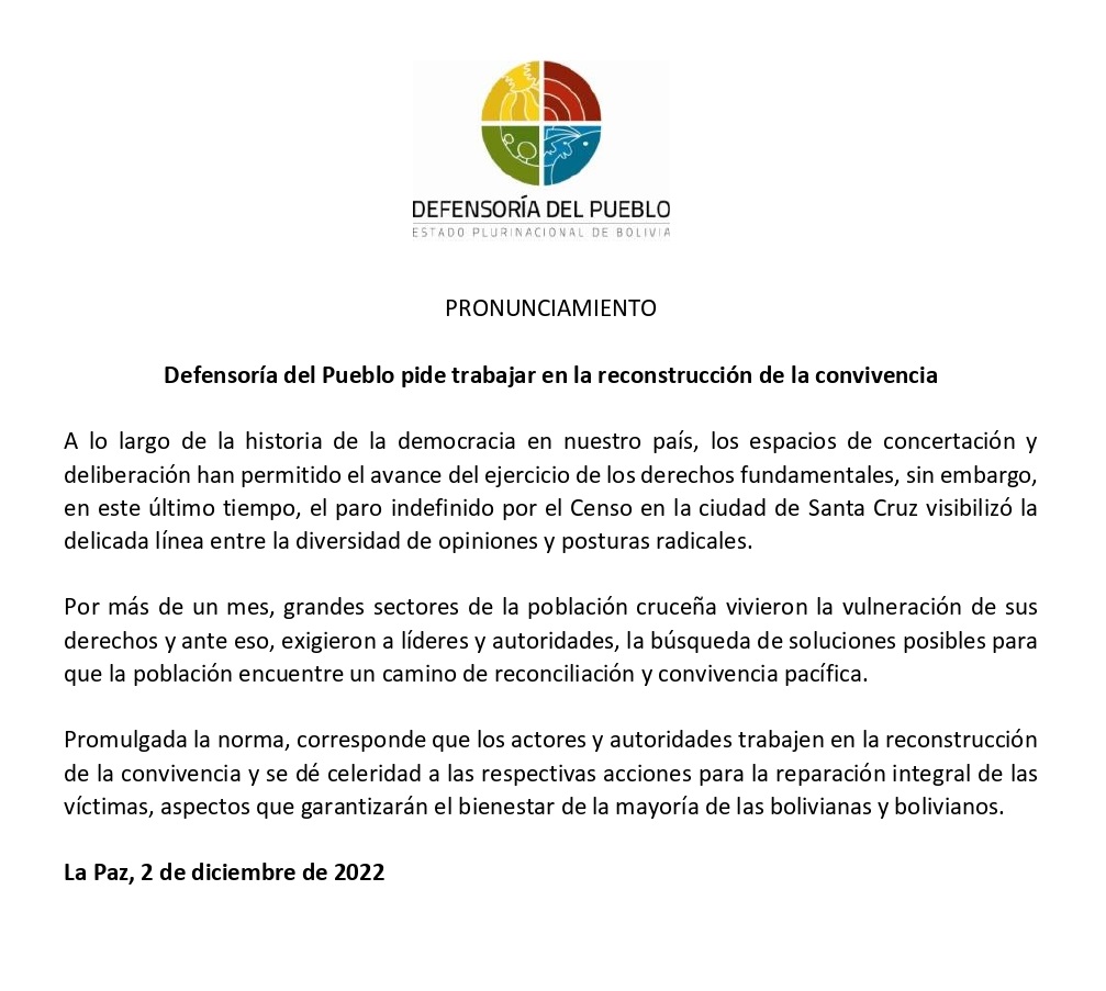 Defensoría insta a reconstruir la convivencia y reparar daño a víctimas del paro en Santa Cruz