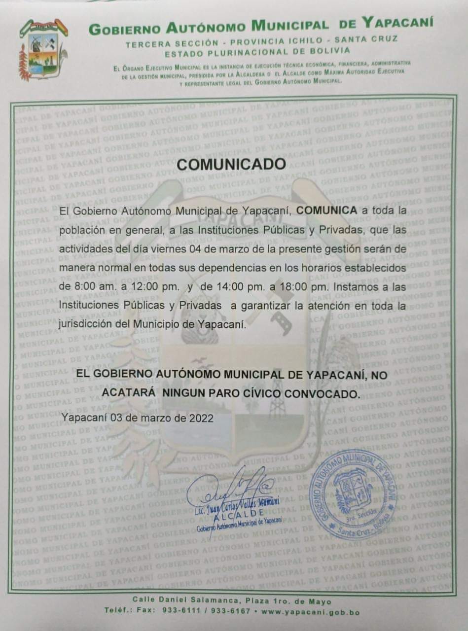 Yapacaní no acatará el paro y pide a las instituciones trabajar con normalidad
