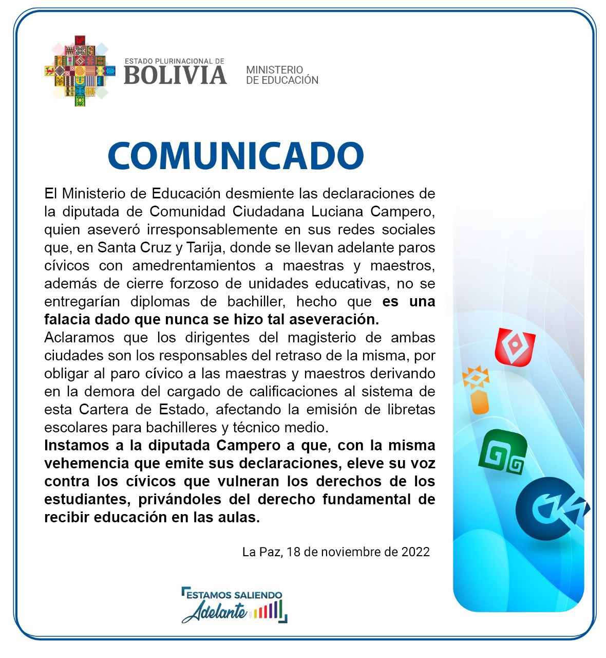 Educación asegura que retraso en la emisión de libretas para bachilleres en Santa Cruz y Tarija se debe al paro cívico