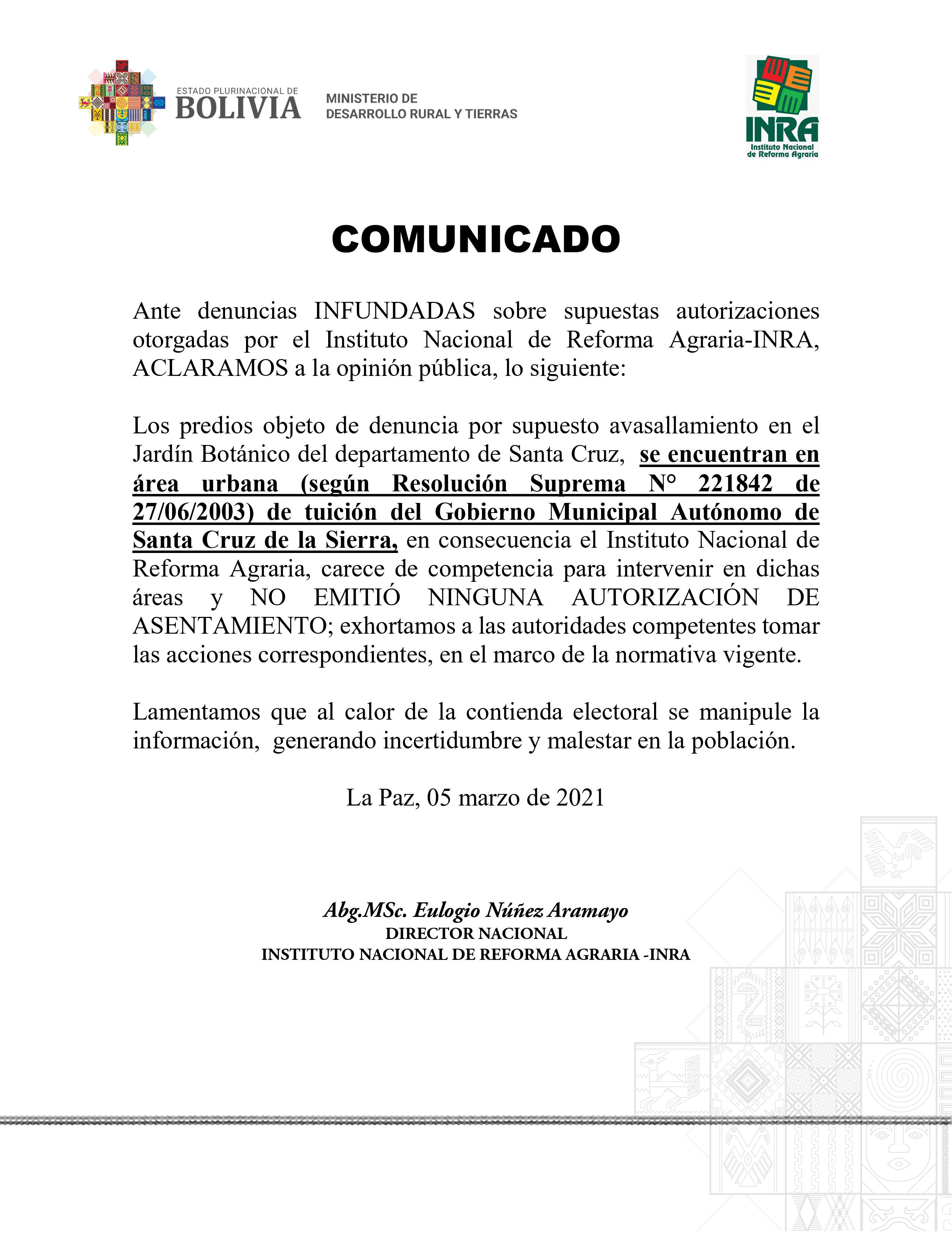 INRA aclara que no emitió autorización para asentamiento en el Jardín Botánico de Santa Cruz