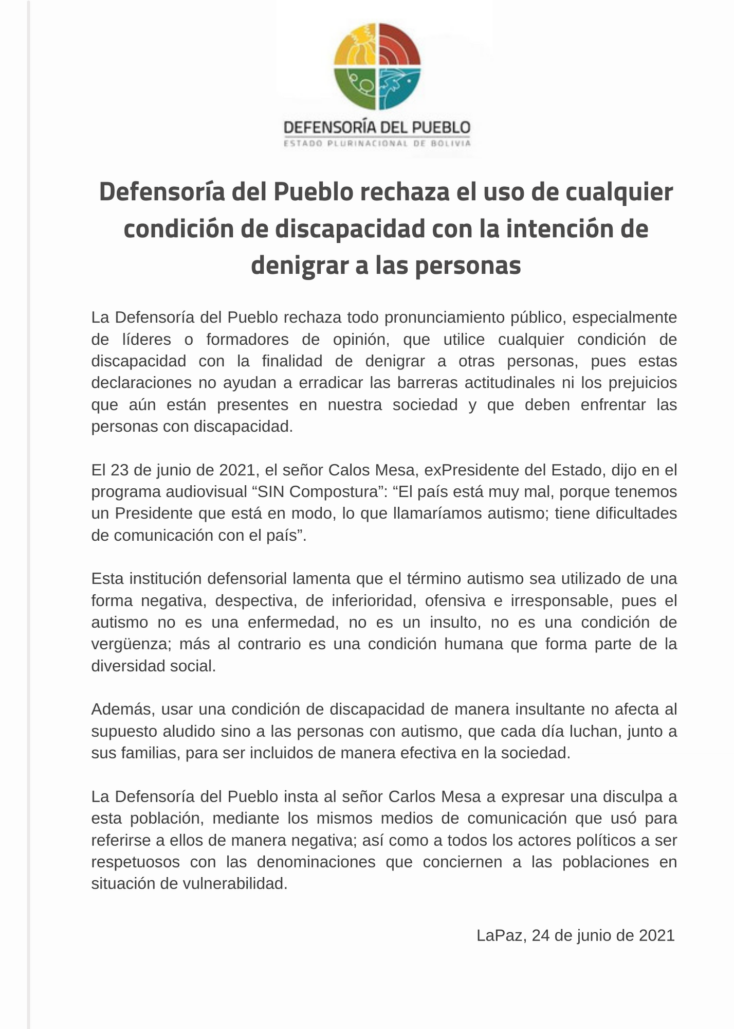 Defensoría del Pueblo rechaza que Mesa haga referencia a condiciones de discapacidad para denigrar a personas