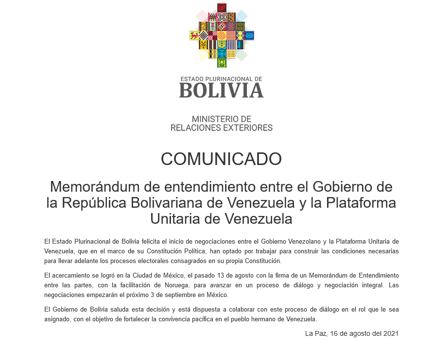 Bolivia ofrece respaldo al diálogo entre Gobierno y Plataforma Unitaria de Venezuela