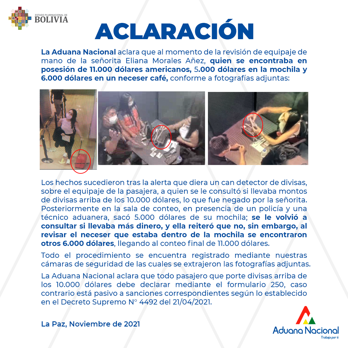 Aduana: Pasajeros que porten divisas que superen los $us 10.000 debe hacer su declaración