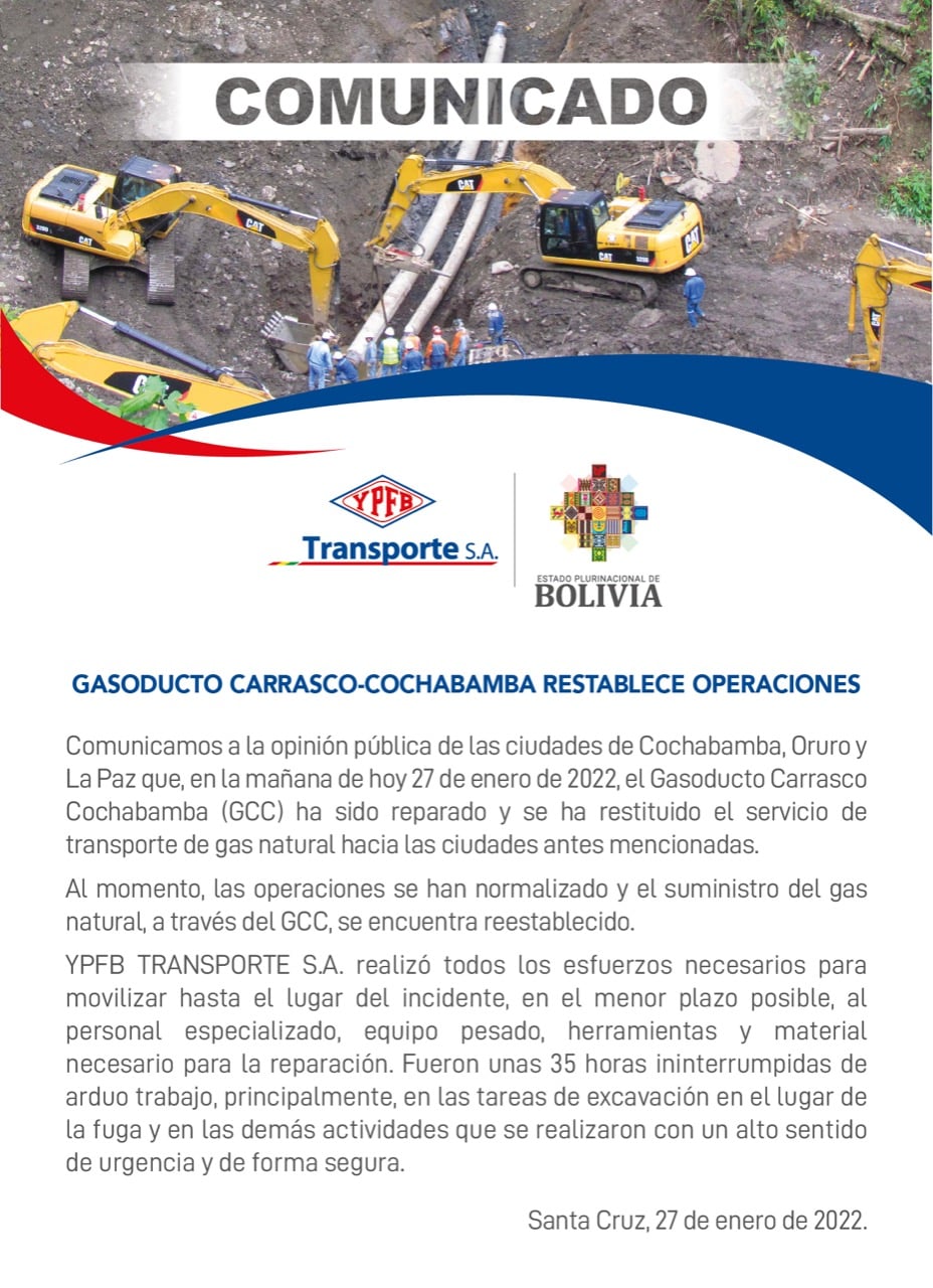 YPFB: Gasoducto Carrasco - Cochabamba es reparado y restablece operaciones