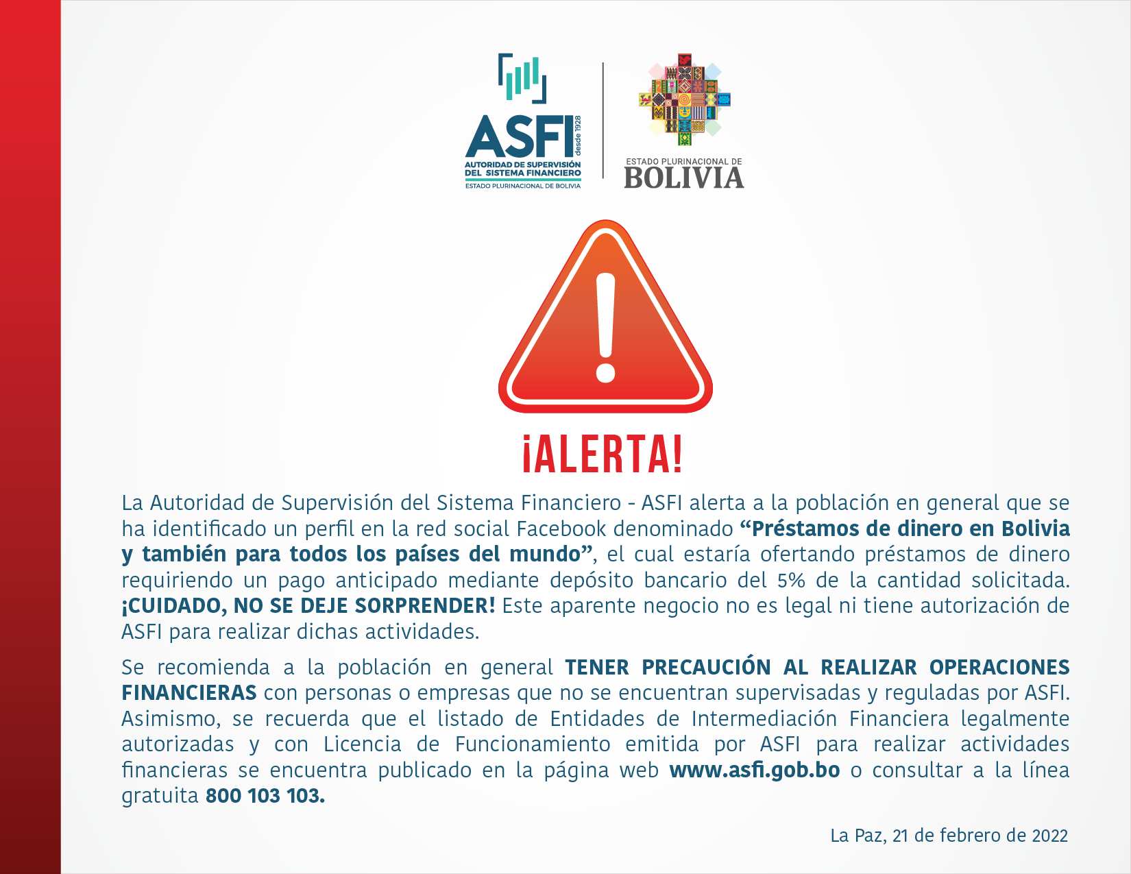 ASFI alerta sobre negocios ilegales en RRSS y recomienda precaución al realizar operaciones financieras