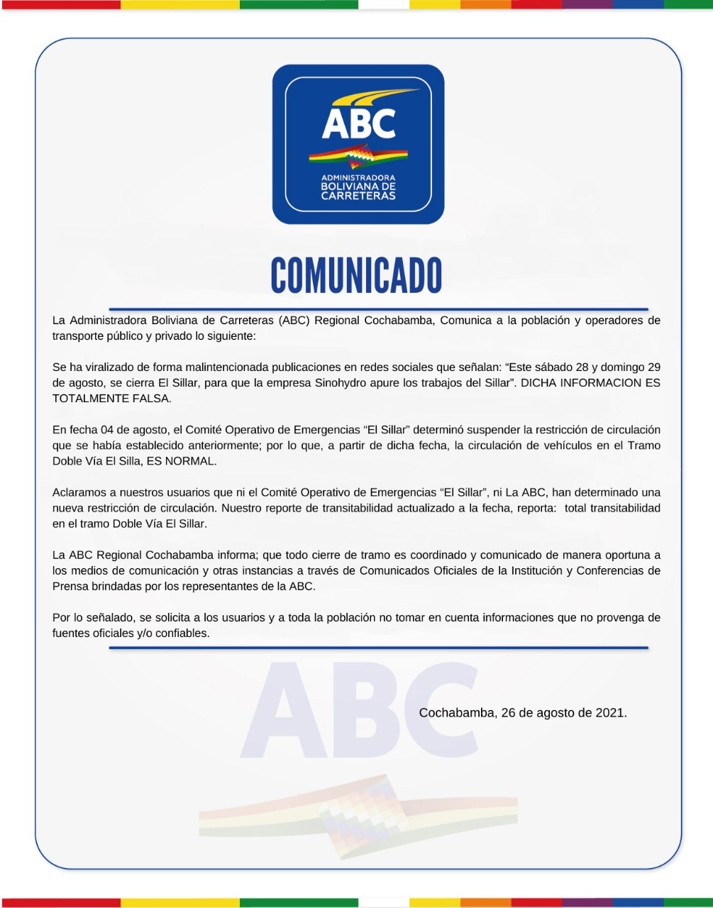 ABC desmiente publicaciones en redes sociales sobre el cierre del tramo El Sillar para acelerar construcción de doble vía
