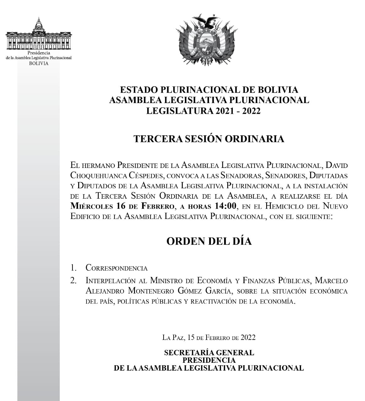 Asamblea Legislativa Plurinacional interpelará este miércoles al Ministro de Economía