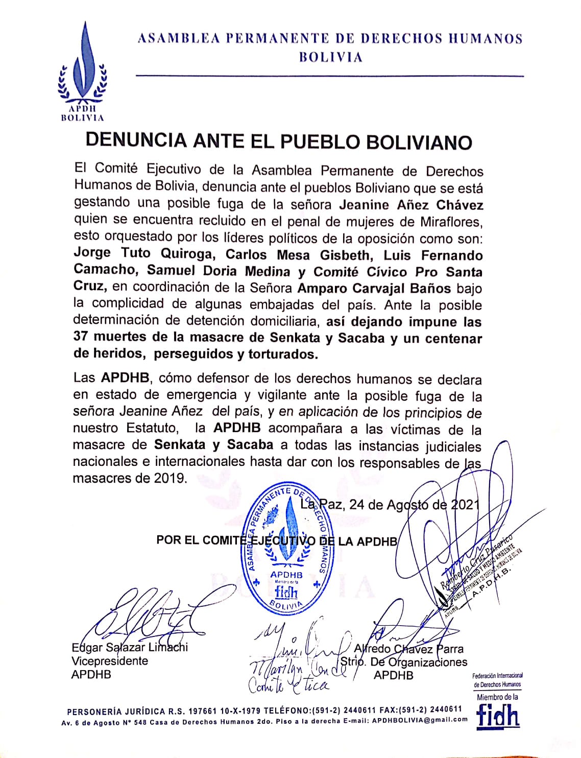 Asamblea de Derechos Humanos denuncia posible fuga de Áñez organizada por políticos y el Comité Cívico Pro Santa Cruz