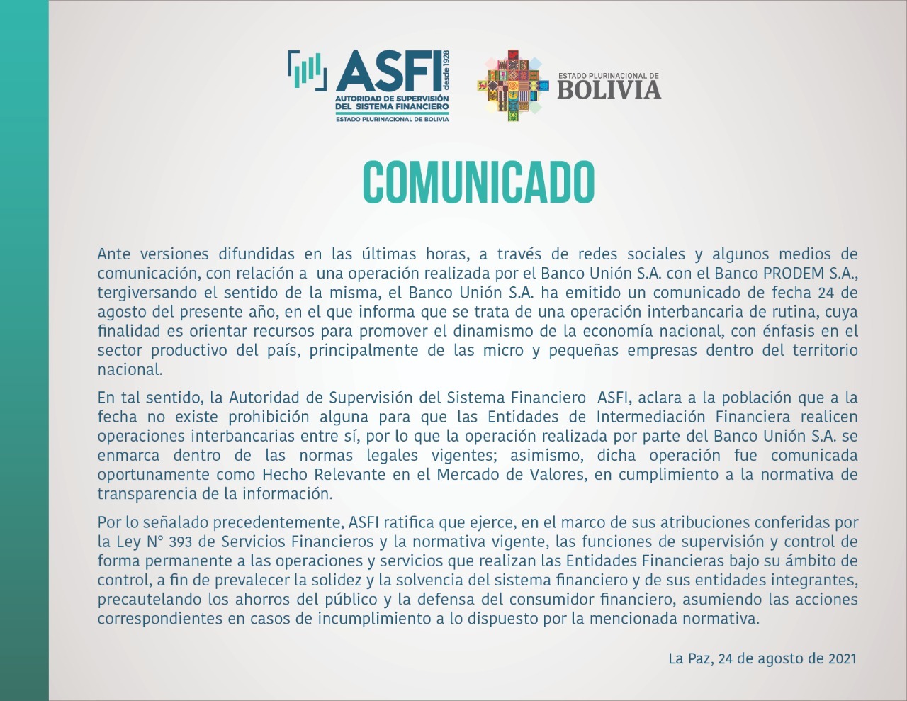 Asfi aclara que no existe prohibición para que entidades financieras realicen operaciones interbancarias