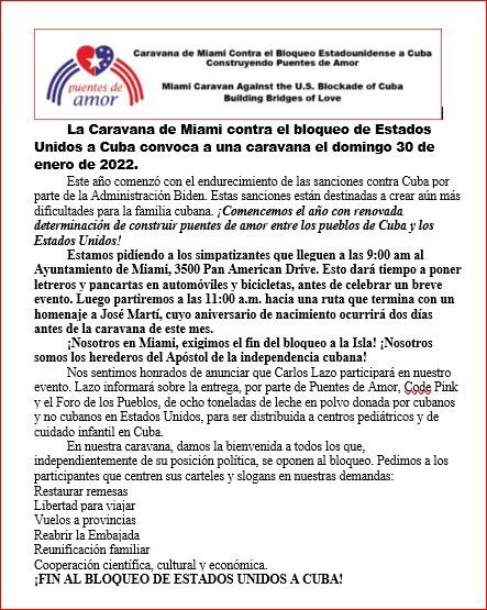 En Miami, convocan a caravana en contra del bloqueo de Estados Unidos a Cuba