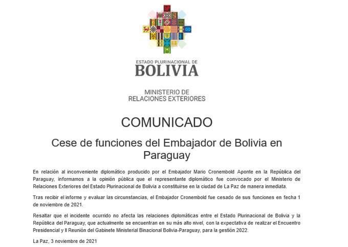 Ministerio de Relaciones Exteriores cesa de sus funciones al Embajador de Bolivia en Paraguay