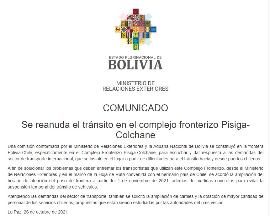 Cancillería informa que se reanuda el tránsito en el complejo fronterizo Pisiga-Colchane