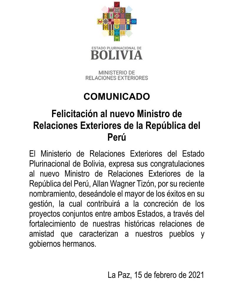 Cancillería boliviana saluda la designación del nuevo Ministro de Relaciones Exteriores de Perú