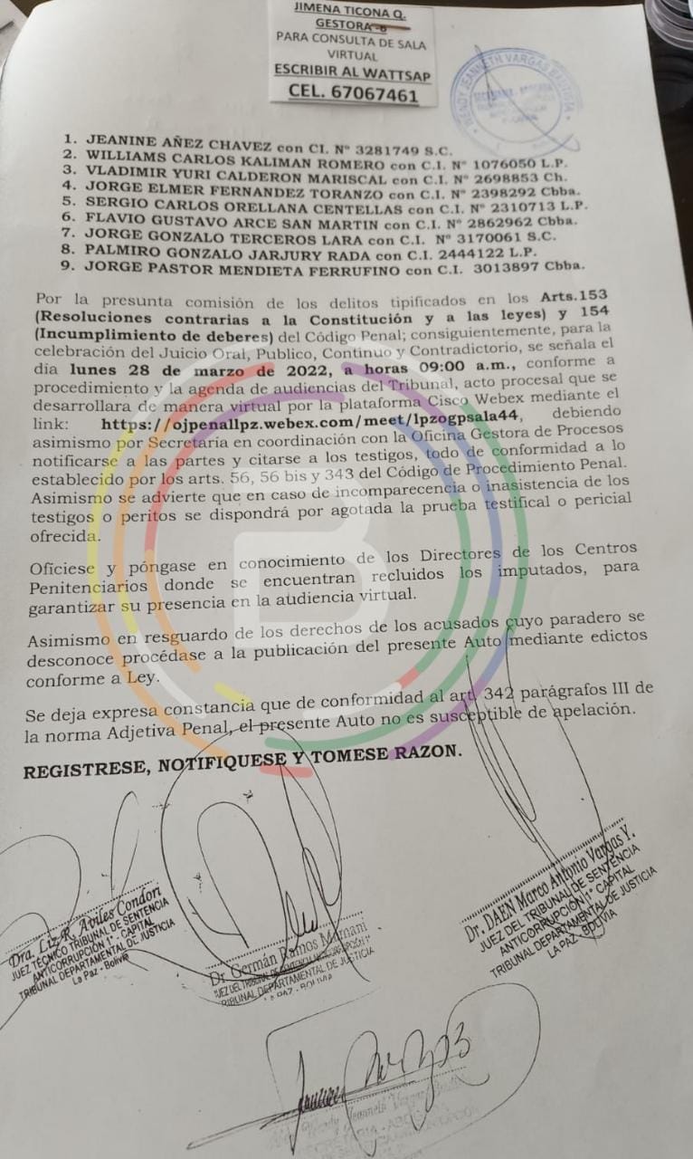 Justicia fija para el 28 de marzo inicio del juicio contra Áñez por el caso golpe de Estado II