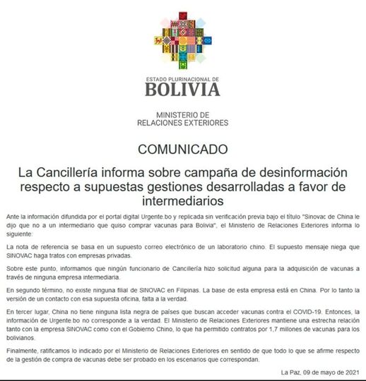 Cancillería niega información sobre una supuesta solicitud de servicios de intermediarios para la compra de vacunas chinas Sinovac