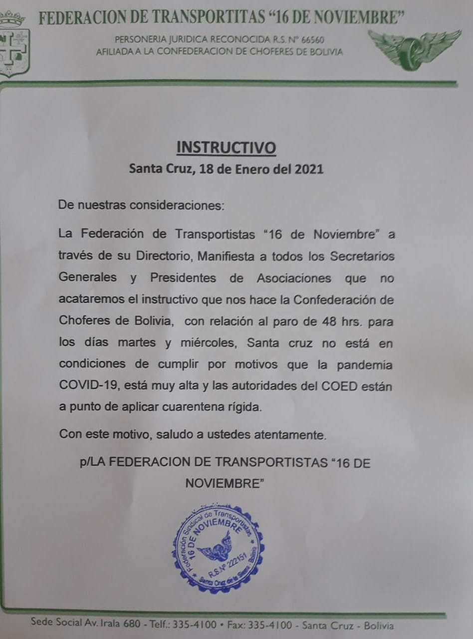 Transportistas de Santa Cruz deciden no acatar paro y anuncian trabajo normal