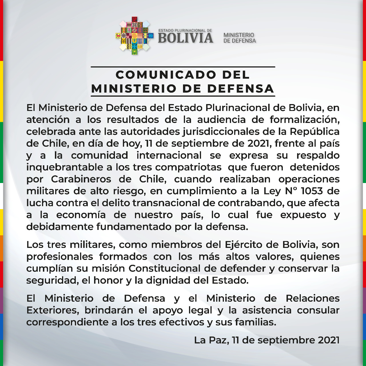 Defensa ratifica respaldo a militares detenidos en Chile por combatir el contrabando y anuncia apoyo legal y consular