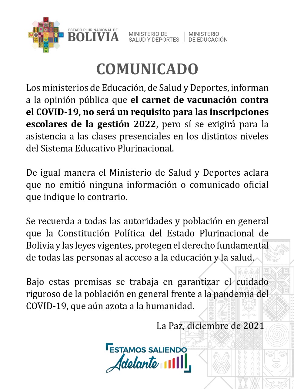 Aclaran que carnet de vacunación anticovid no será requisito para las inscripciones escolares de 2022