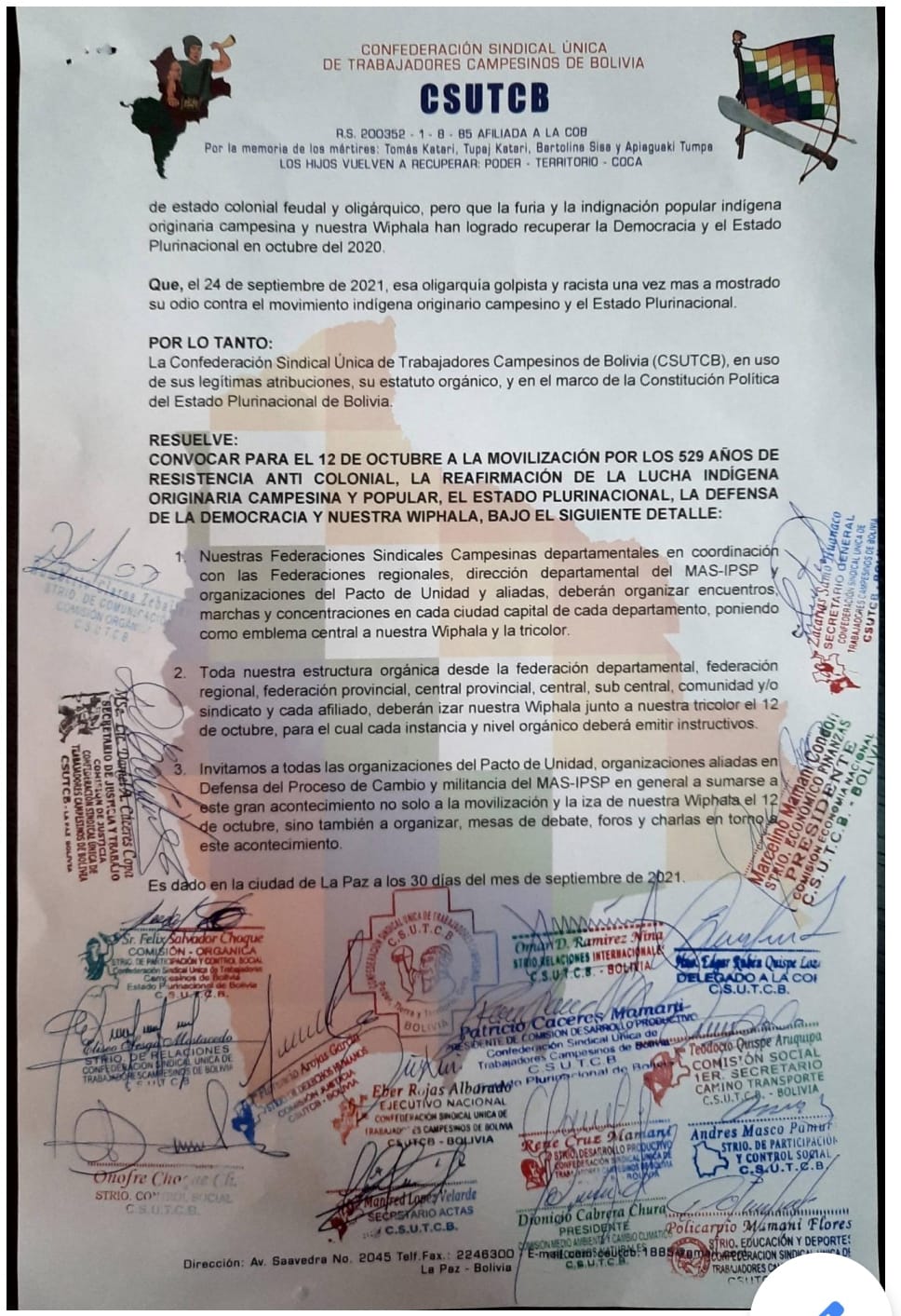 CSUTCB convoca a movilización nacional para el 12 de octubre en defensa de la democracia y la wiphala
