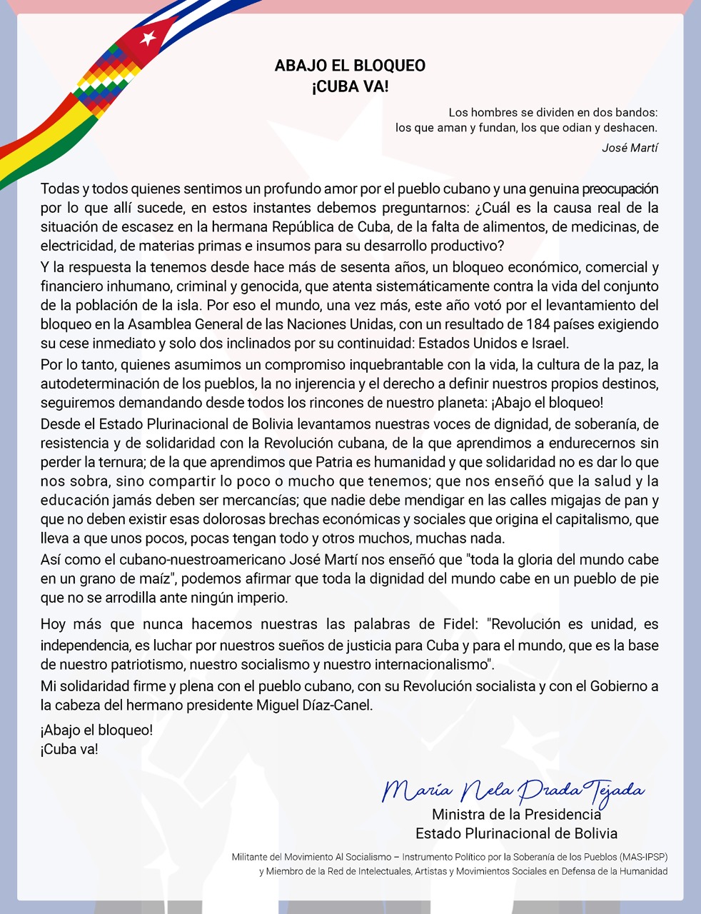 Ministra Prada expresa su solidaridad con el Gobierno y pueblo de Cuba