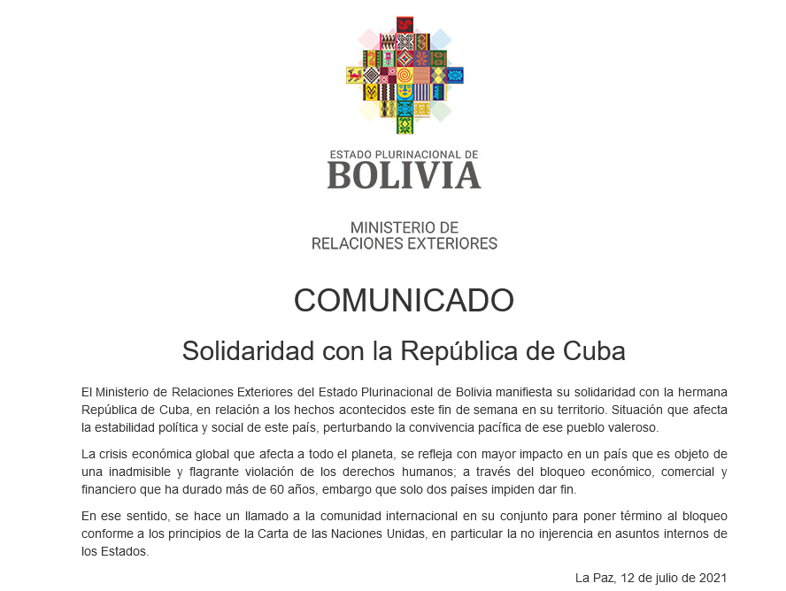 Bolivia expresa su solidaridad con Cuba ante intentos de desestabilización