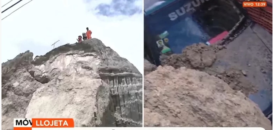 Deslizamiento de tierra sepulta un vehículo y derriba postes en la zona El Rosario, Llojeta, en la ciudad de La Paz