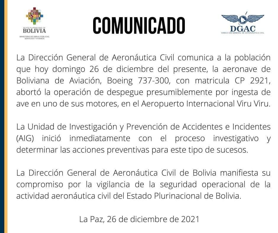 DGAC: Aeronave de BoA abortó la operación de despegue por ingesta de ave en uno de sus motores