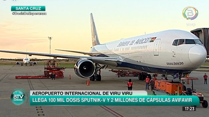 Arriba vuelo de BoA con 100.000 vacunas Sputnik V y dos millones de cápsulas de Avifavir (adelanto)