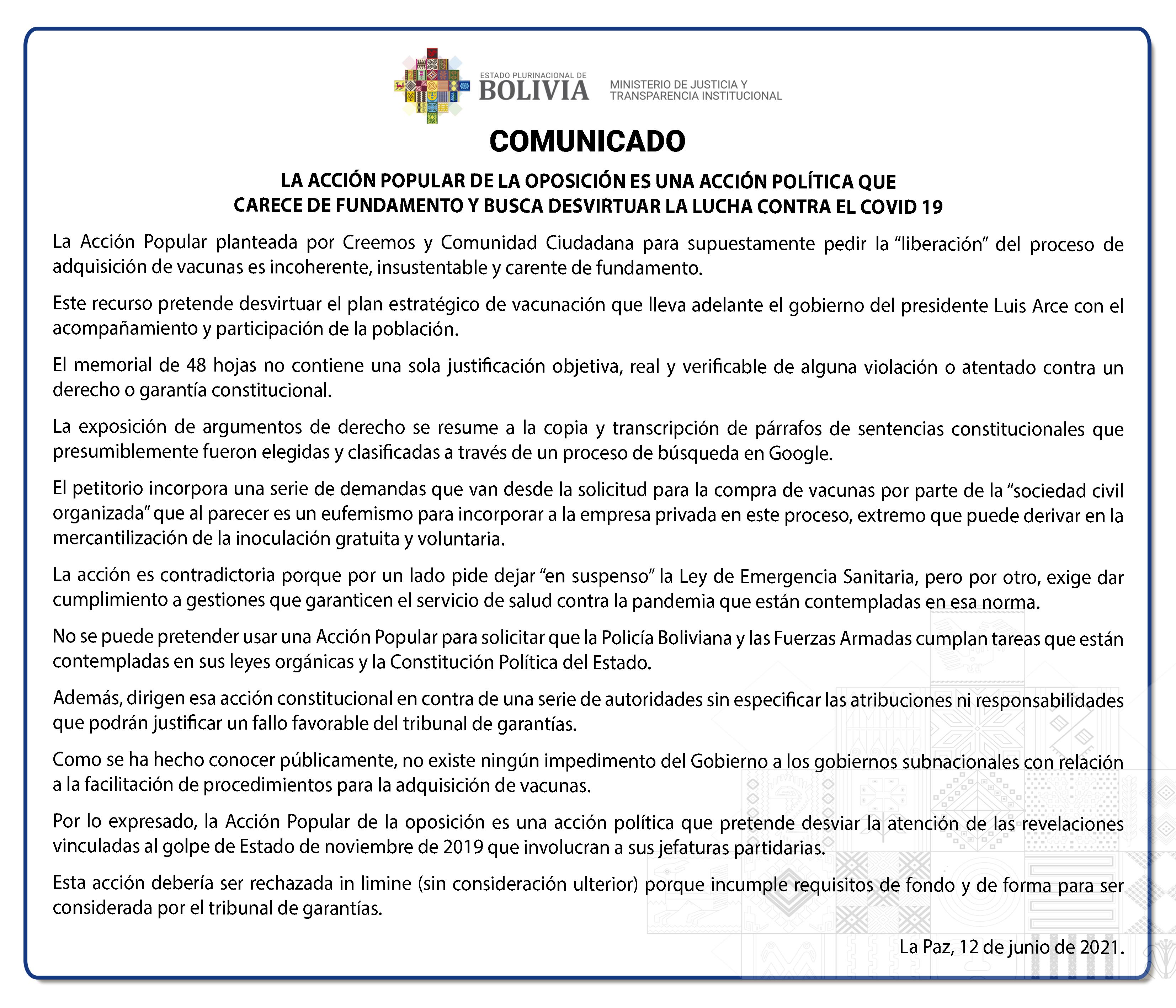 Justicia asegura que Acción Popular planteada por la oposición carece de fundamento