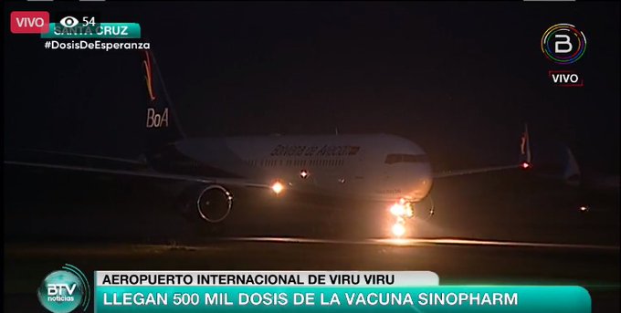 Arriba aeronave de BoA con 500.000 nuevas dosis de la vacuna anticovid Sinopharm (adelanto)
