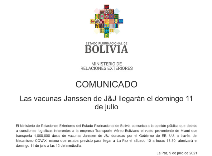 Donación de 1.008.000 vacunas Johnson & Johnson llegará el domingo a La Paz