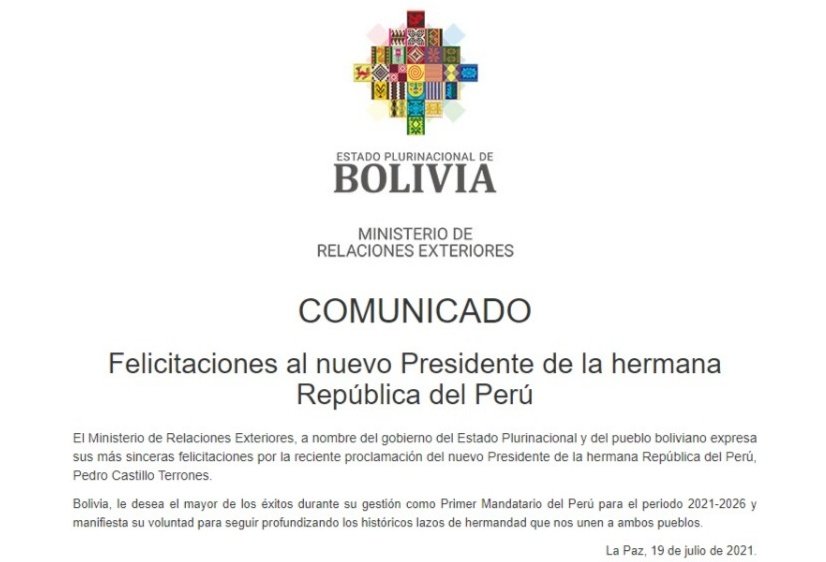 Bolivia felicita a Pedro Castillo y manifiesta su voluntad de profundizar los lazos de hermandad