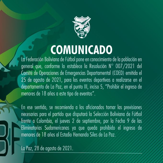 Federación de Fútbol prohíbe el ingreso de menores de 18 años al partido entre Bolivia y Colombia