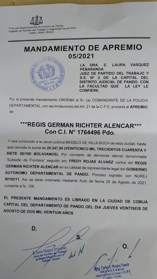 Emiten mandamiento de apremio en contra del gobernador de Pando