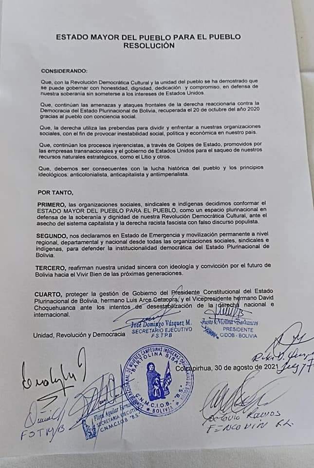 Organizaciones crean el Estado Mayor del Pueblo, con declaratoria de emergencia para defender la democracia