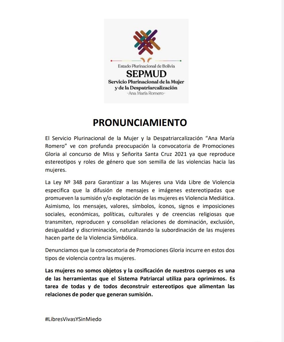 Sepmud denuncia que convocatoria de Promociones Gloria incurre en dos tipos de violencia contra las mujeres