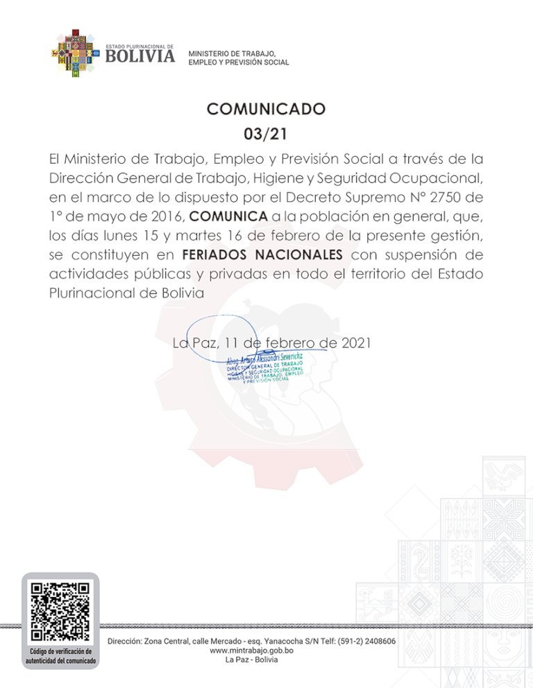 Ministerio de Trabajo dispone feriados nacionales para el 15 y 16 de febrero por Carnaval