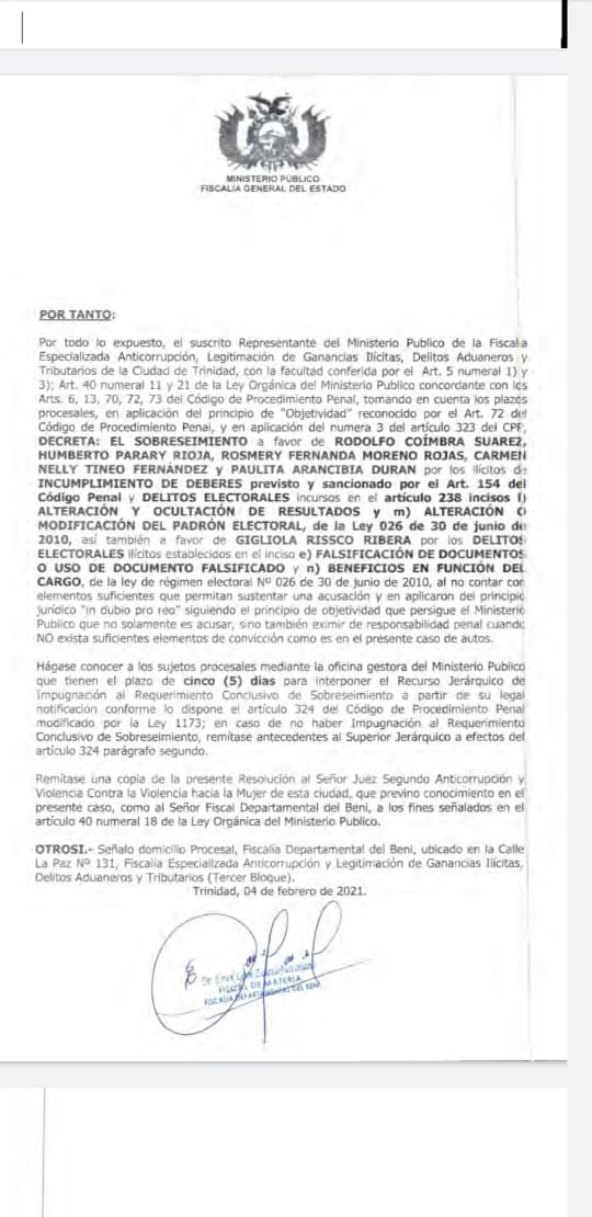 Caso fraude electoral: Eximen de culpa a exvocales del TED Beni