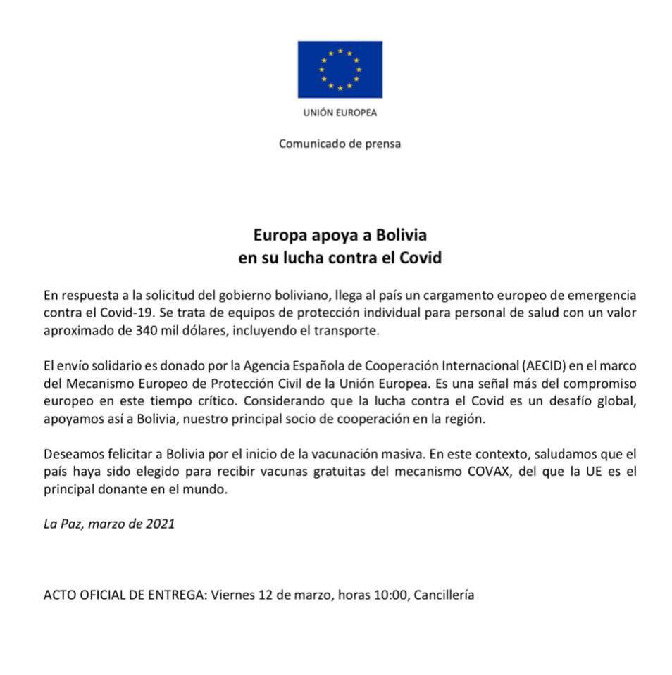 La Unión Europea anuncia donación de equipos de protección contra el COVID-19 para Bolivia