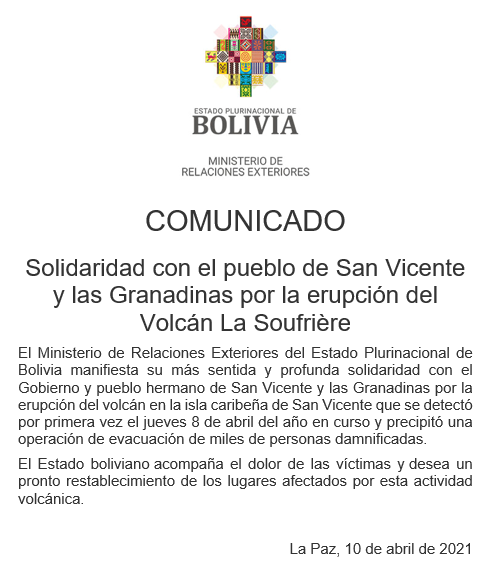 Bolivia se solidariza con el pueblo de San Vicente y las Granadinas por la erupción del Volcán La Soufrière