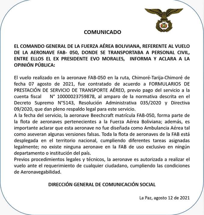 FAB aclara que vuelo de aeronave en ruta Chimoré-Tarija-Chimoré del 7 de agosto con personal civil fue contratado y pagado